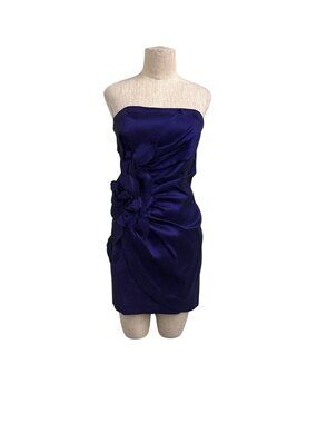 Jessica McClintock Strapless Satin Dress Purple Floral Detail Size 12 Side Zippe